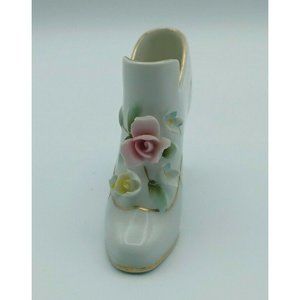 Vintage Porcelain Shoe Decorative Gold and Pink Flowers Size 4"X3"X1"